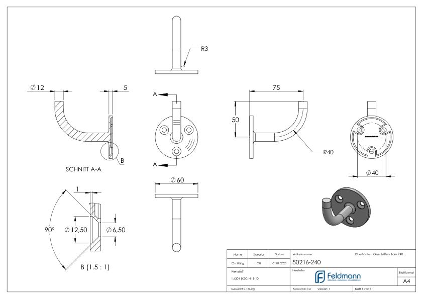 Handlaufhalter zum Anschweißen, (Ronde und Bügel verschweißt), V2A