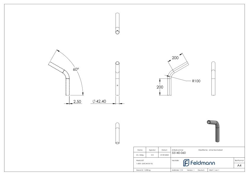 Rohrbogen 60°, aus Rohr 42,4x2,5mm, V2A