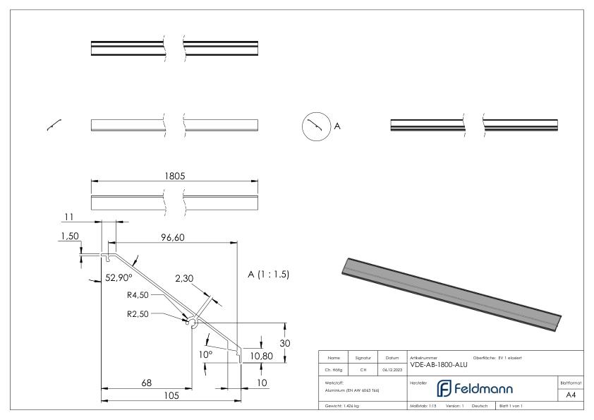 Design-Abdeckung für eleganza canopy, L: 1805mm, Aluminium E4/EV1