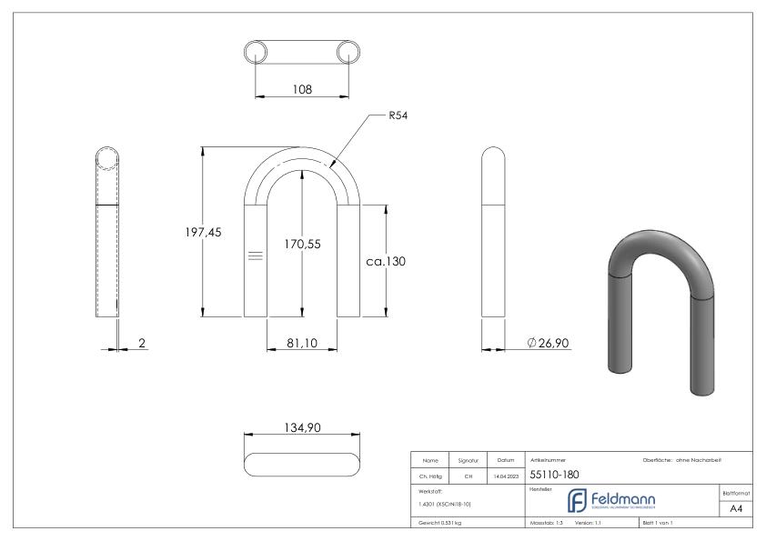 Rohrbogen 180°, aus Rohr 26,9x2,0mm, V2A