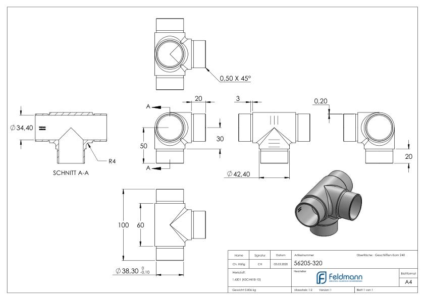 T-Stück mit seitl. Abgang, für Rohr 42,4x2,0mm, V2A