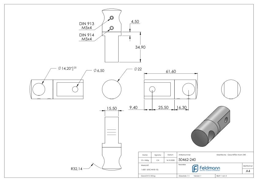 Querstabhalter (Montage zwischen zwei Flacheisen), Bohrung 14,2mm, V2A