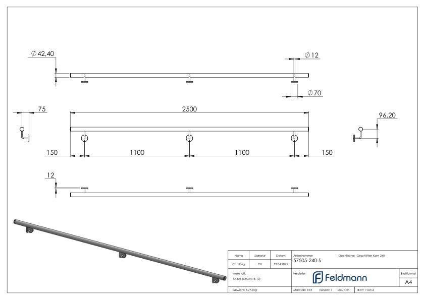 Handlauf, montagefertig, L: 2500mm, V2A