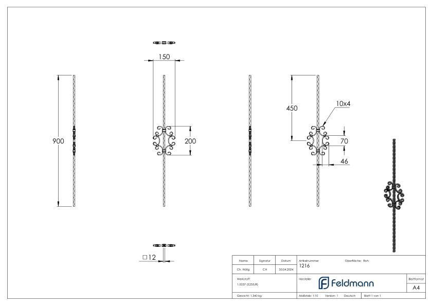 Zierstab 12x12mm, gehämmert, H: 900mm