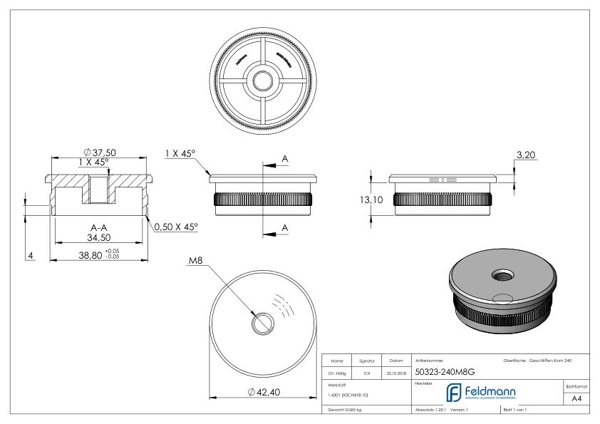 Rohrabschlussstopfen für Rohr 42,4x2,0mm, V2A