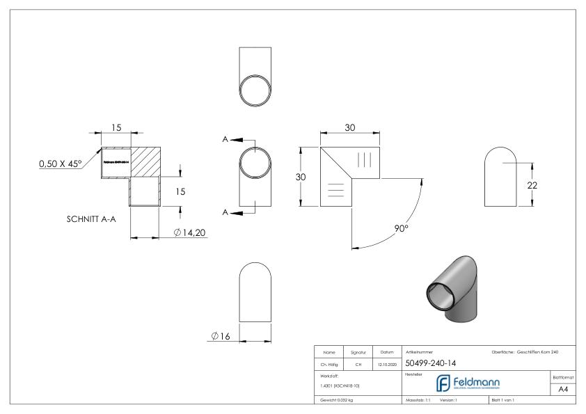 Rundstabverbinder für Ø 14mm, 90°, V2A