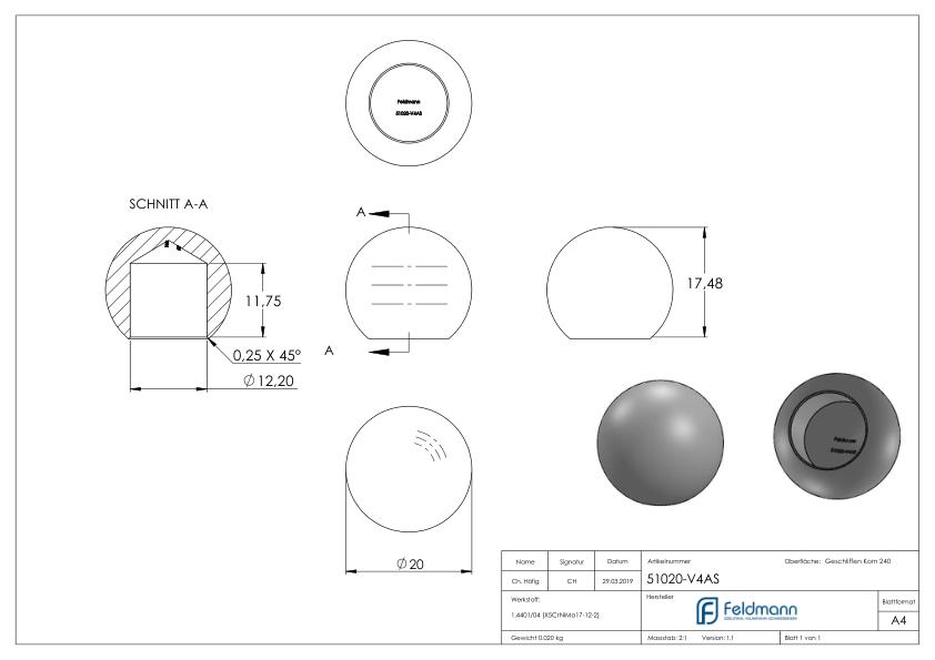 Vollkugel Ø 20mm mit Sackloch 12,2mm, V4A