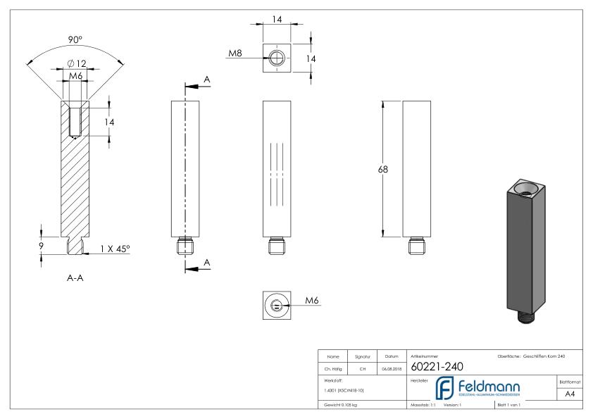 Stift aus 14x14mm, L: 68mm, V2A