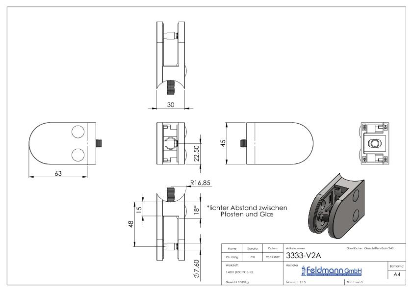 Glasklemme Mod. 33, Anschluss: 33,7mm, in V2A Glasklemme Mod. 33, Anschluss: 33,7mm, in V2A