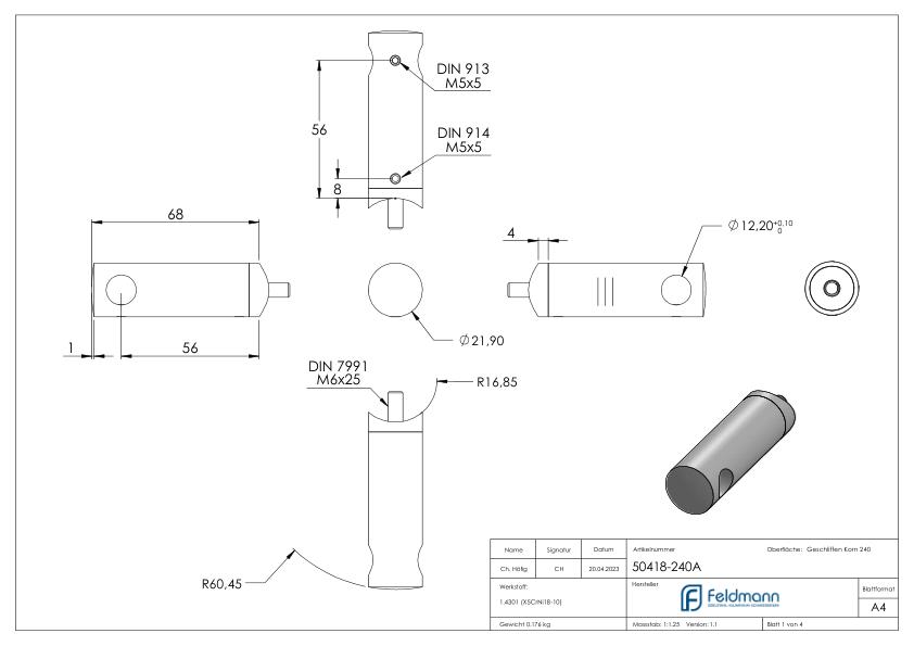 Querstabhalter verlängert, mit Durchgangsbohrung für 33,7mm Rohr, 12,2mm Bohrung, V2A