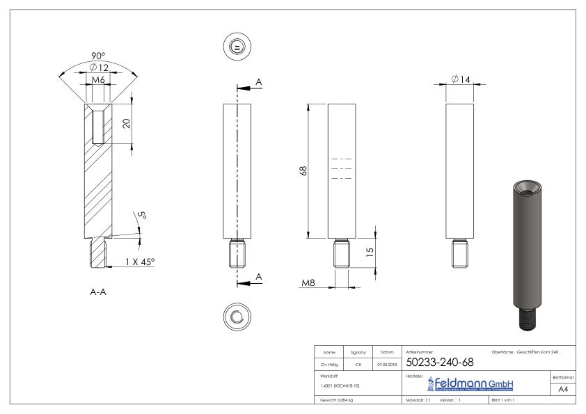 Stift Ø 14mm, L: 68mm, V2A