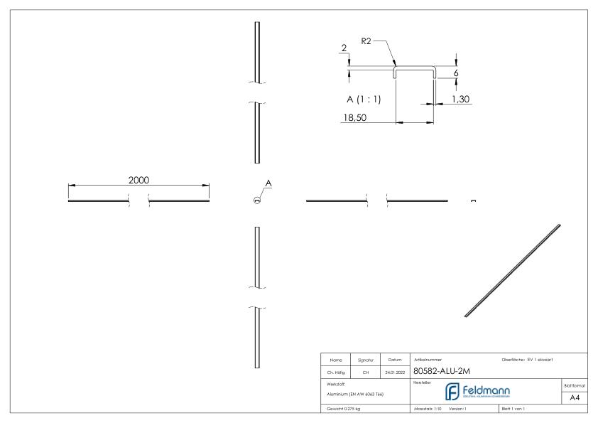 Kantenschutz EXTRA SLIM, für Glas 16,00 - 17,52mm, L: 2000mm, Aluminium E4/EV1