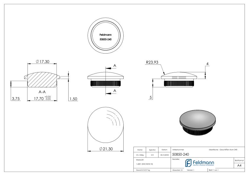 Rohrabschlussstopfen, für Rohr 21,3x2,0mm, V2A