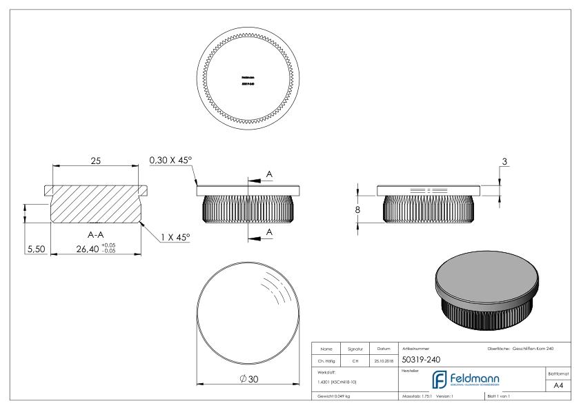 Rohrabschlussstopfen, für Rohr 30,0x2,0mm, V2A