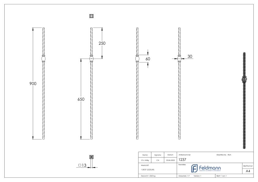Knubbelstab 13x13mm, gehämmert, H: 1000mm