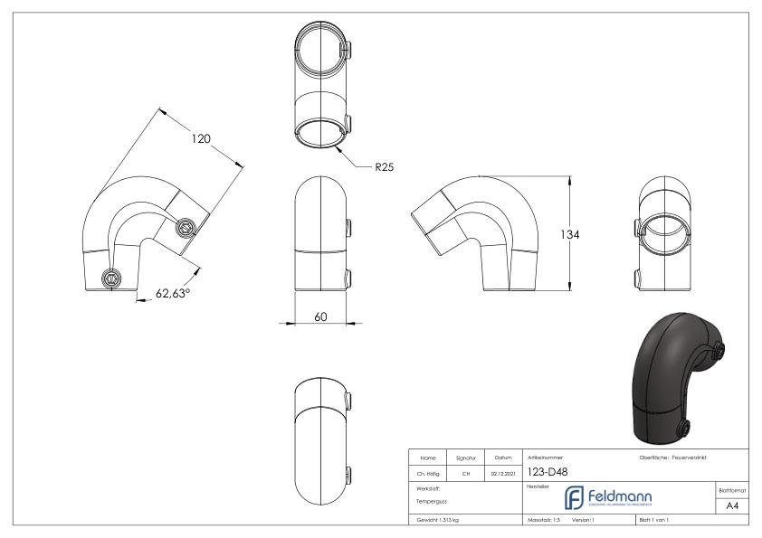 Bogen, variabel 40 - 70°, für Rohr Ø 48,3mm