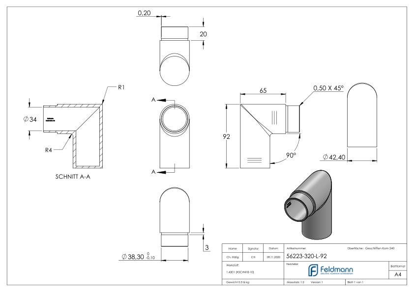 Endbogen 90°, für Rohr 42,4x2,0mm, V2A