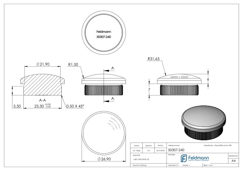 Rohrabschlussstopfen, für Rohr 26,9x2,0mm, V2A