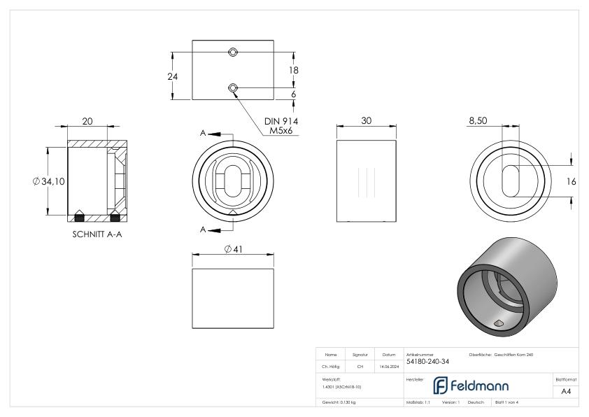 Wandbefestigung für Rohr 33,7mm, V2A