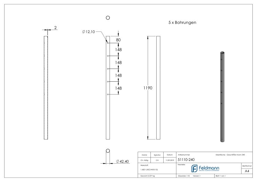 Edelstahlpfosten aus Rohr 42,4mmx2,0mm, V2A