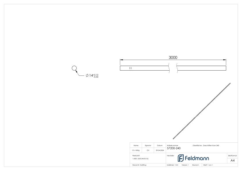 Rundmaterial, 14mm, L: 3000mm, V2A