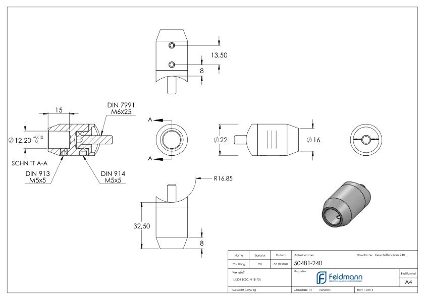 Querstabhalter (zum Stoßen vorne) für 33,7mm Rohr, Bohrung vorne 12,2mm, V2A