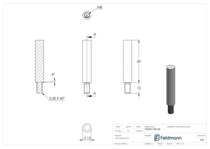 Stift Ø 12mm, L: 60mm, V2A