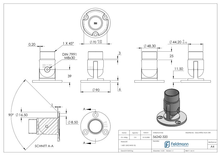 Wandhalter flexibel, für Rohr 48,3x2,0mm, V2A