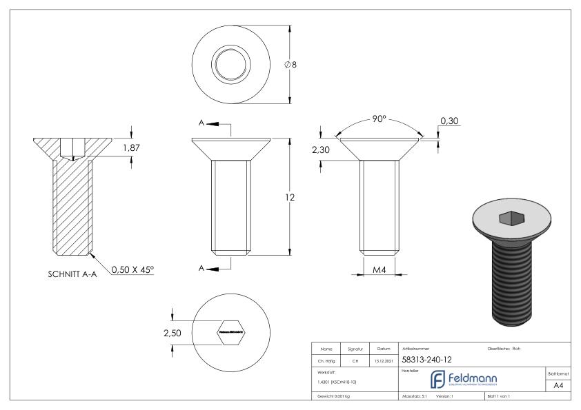 Senkkopfschraube M4x12 V2A ISO 10642