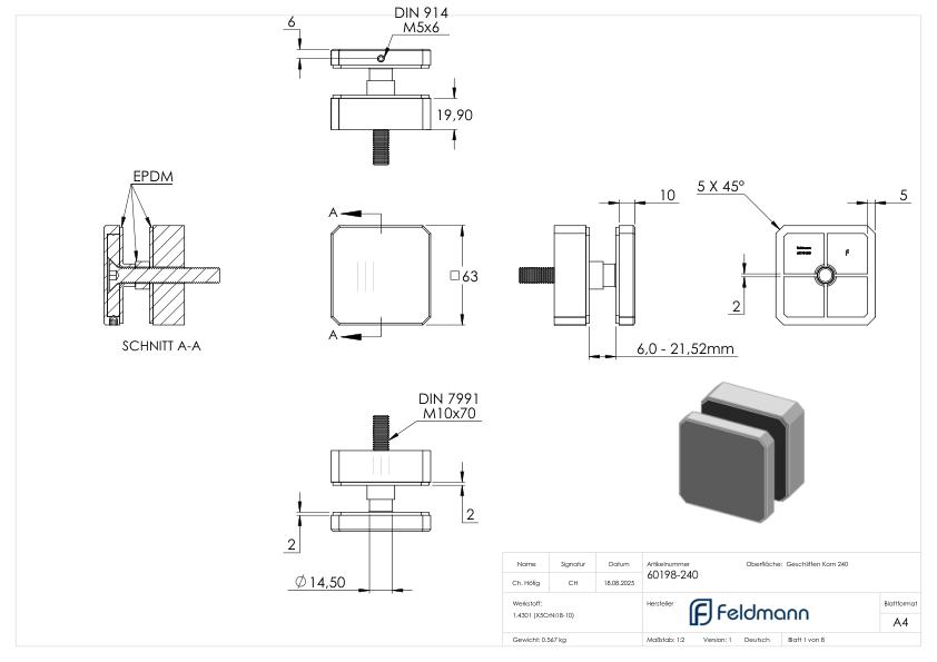 Glaspunkthalter 63x63mm, flach, V2A