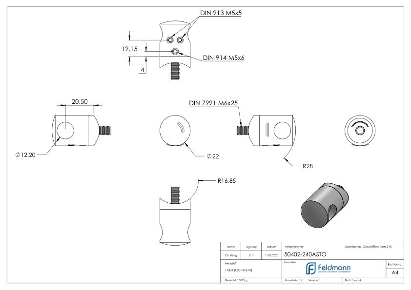 Querstabhalter zum Stoßen, für 33,7mm Rohr, 12,2mm Bohrung, V2A