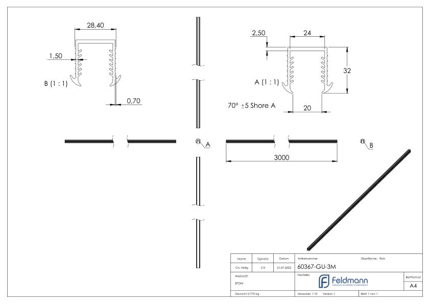Keildichtung Glas 20,76 – 21,52mm, für Nut 27x30mm, 3m