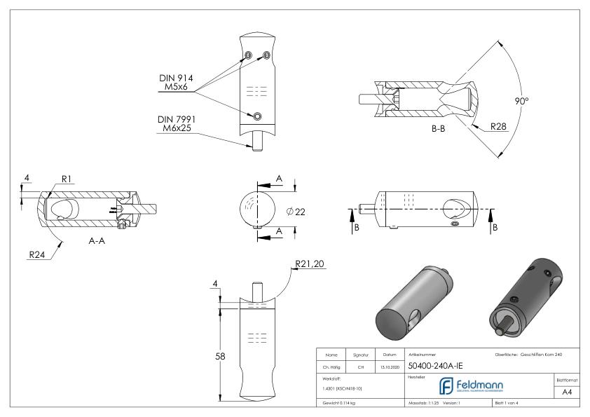Querstabhalter für 42,4mm Rohr, 12,2mm Bohrung, Innenecke, V2A
