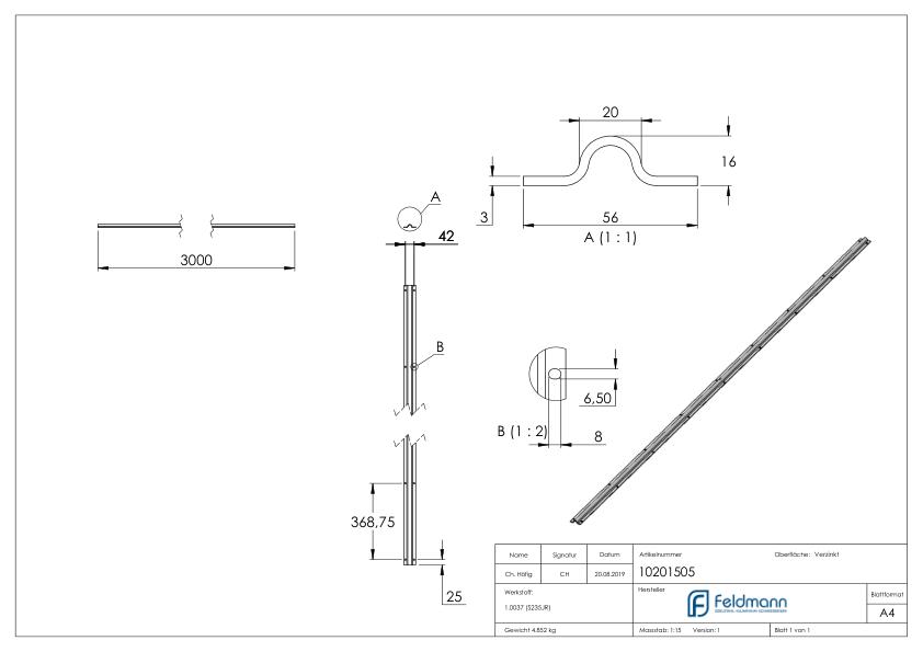 Laufschiene 20mm, L: 3000mm zum Aufschrauben