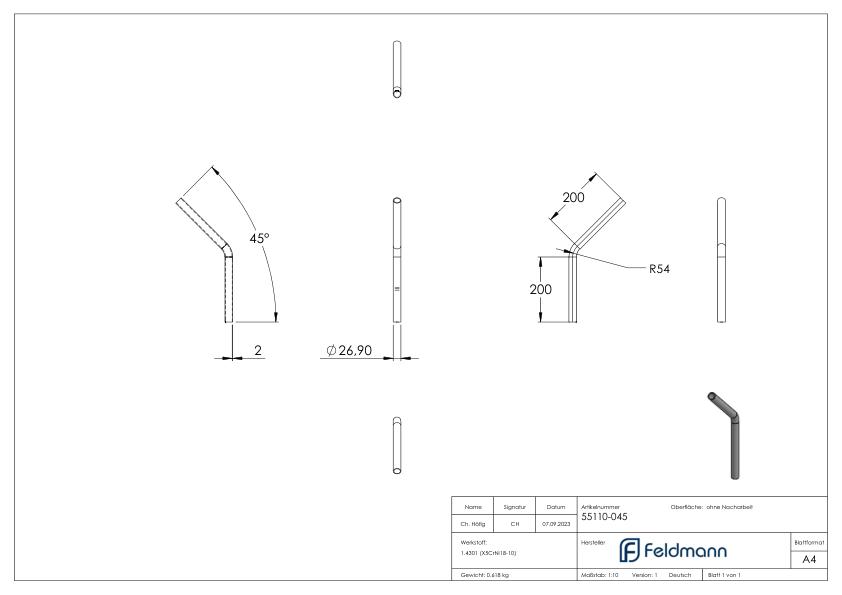 Rohrbogen 45°, aus Rohr 26,9x2,0mm, V2A