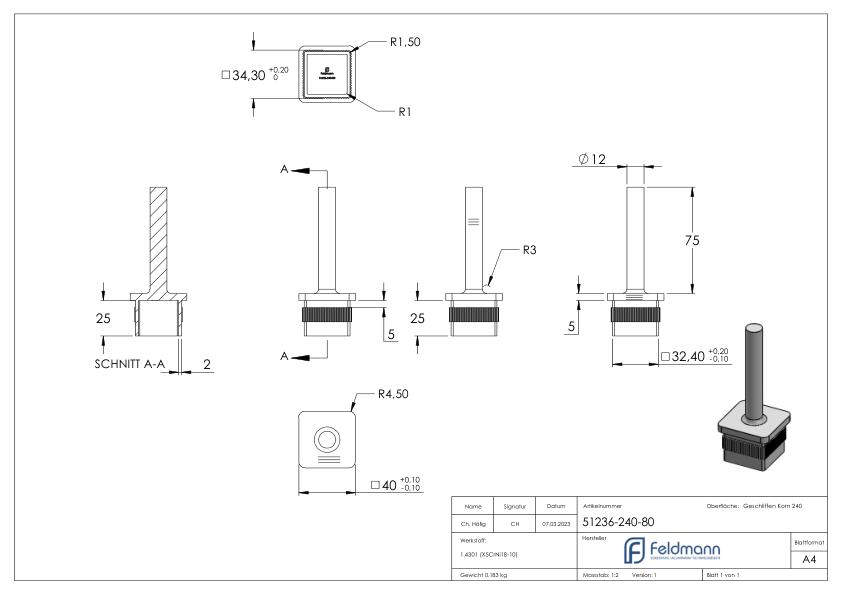 Stopfen mit Stift für Rohr 40 x 40 x 3,0mm, Höhe 80mm