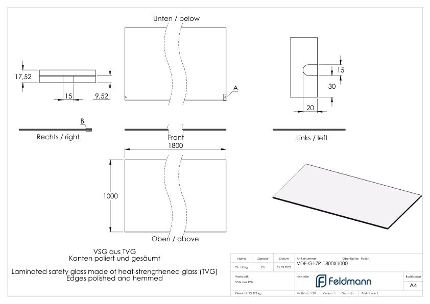 Eleganza canopy Glas: 1800x1000mm VSG aus 2x8mm TVG mit 1,52mm PVB
