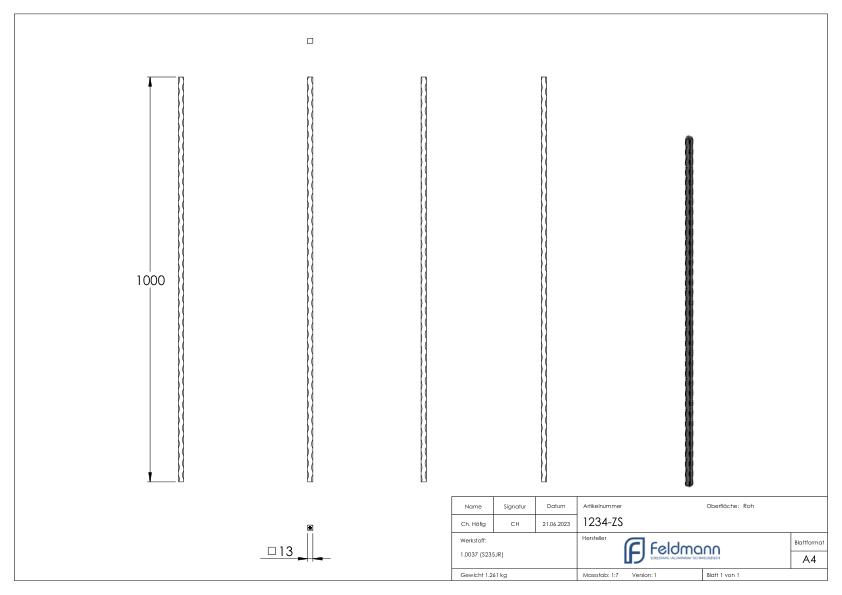 Zwischenstab 13x13mm, gehämmert, H: 1000mm