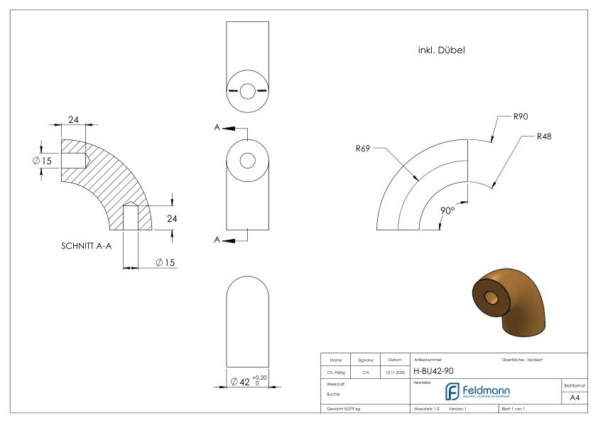 90° Bogen für Holzhandlauf Buche 90° Bogen für Holzhandlauf Buche