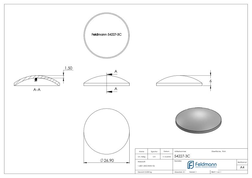Gewölbte Schale Ø 26,9x1,5mm, H: 6mm, roh, V2A