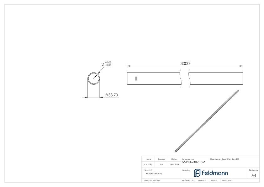 Edelstahlrohr, 33,7 x 2,0mm, L=3m, Korn 240 geschliffen, V2A