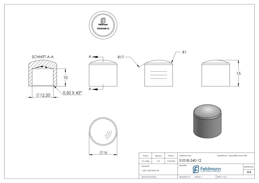Endkappe für 12mm Rundmaterial, V2A