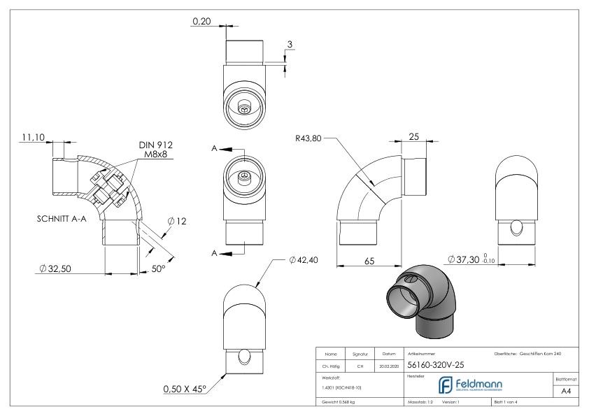 Rohrbogen 90°, verstellbar, für Rohr 42,4x2,5mm, V2A