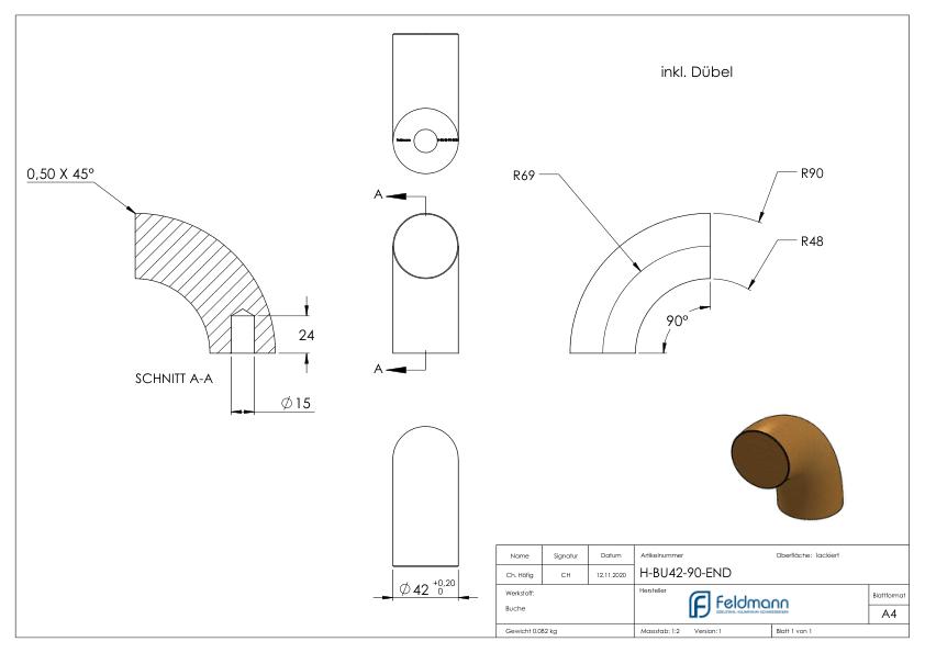 90° Endbogen für Holzhandlauf 90° Endbogen für Holzhandlauf