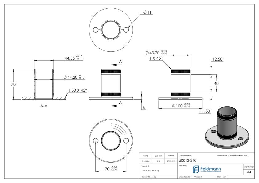 Wand- und Bodenanker mit Rändelung, für Rohr 48,3x2,0mm, V2A
