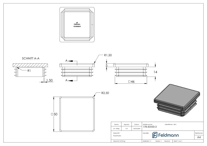 Kunststoffkappe für Quadratrohr 50x50mm