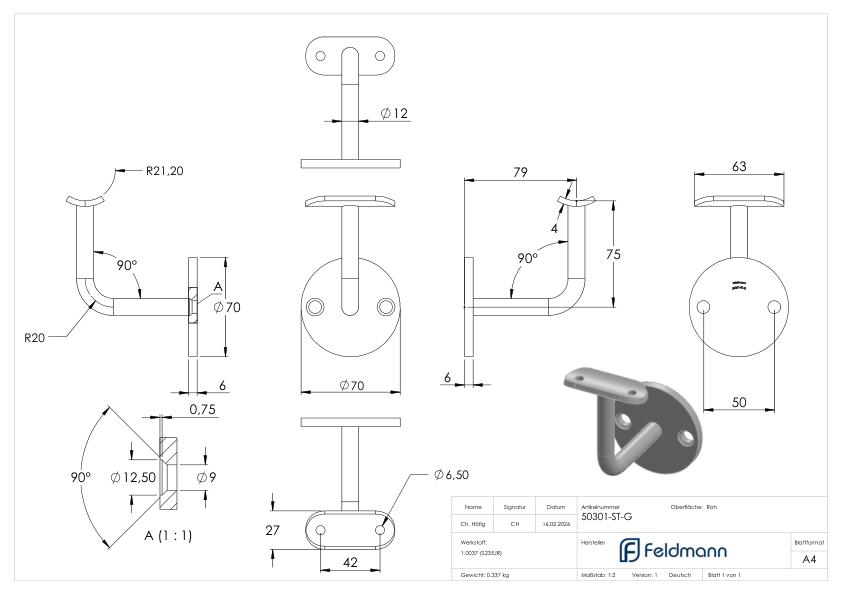 Handlaufträger mit Halteplatte für Rohr 42,4mm, Bohrungen gesenkt