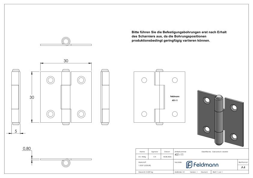 Scharnier 30x30mm mit festem Zapfen