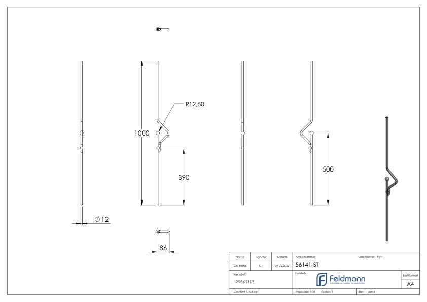 Designstab Ø 12mm, H: 1000mm, S235