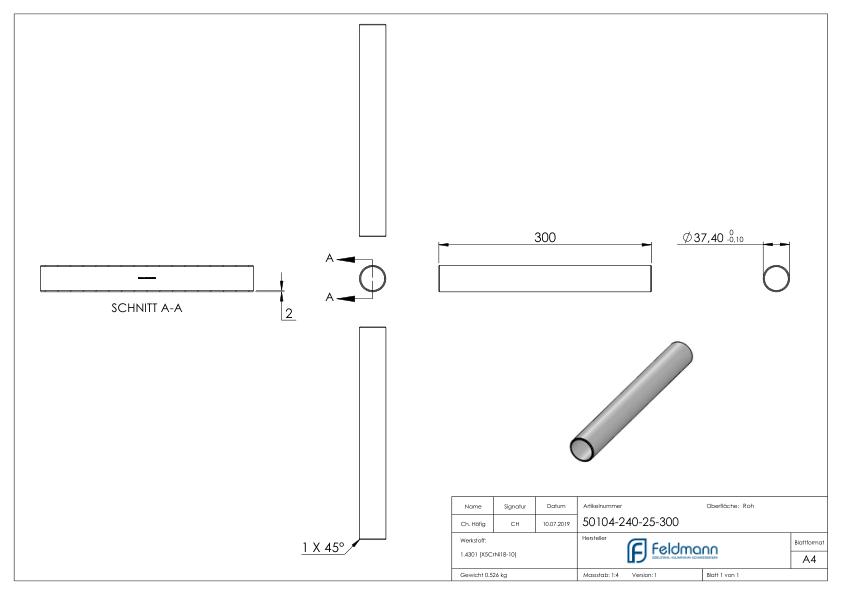 Verbindungsstück für Rohr 42,4x2,5mm, V2A